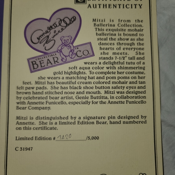 Annette Funicello Bear Mitzi in Original Box W/ COA - Picture 3 of 6